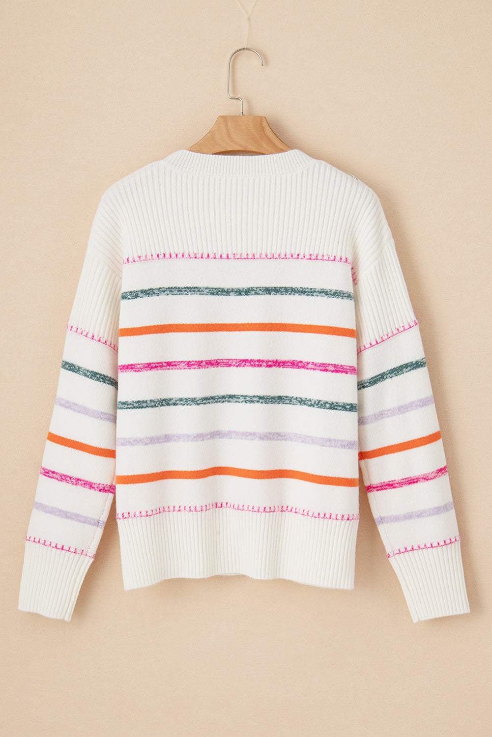 White Colorful Striped Ribbed Trim Round Neck Sweater