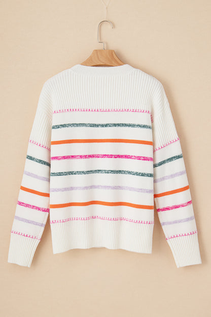 White Colorful Striped Ribbed Trim Round Neck Sweater