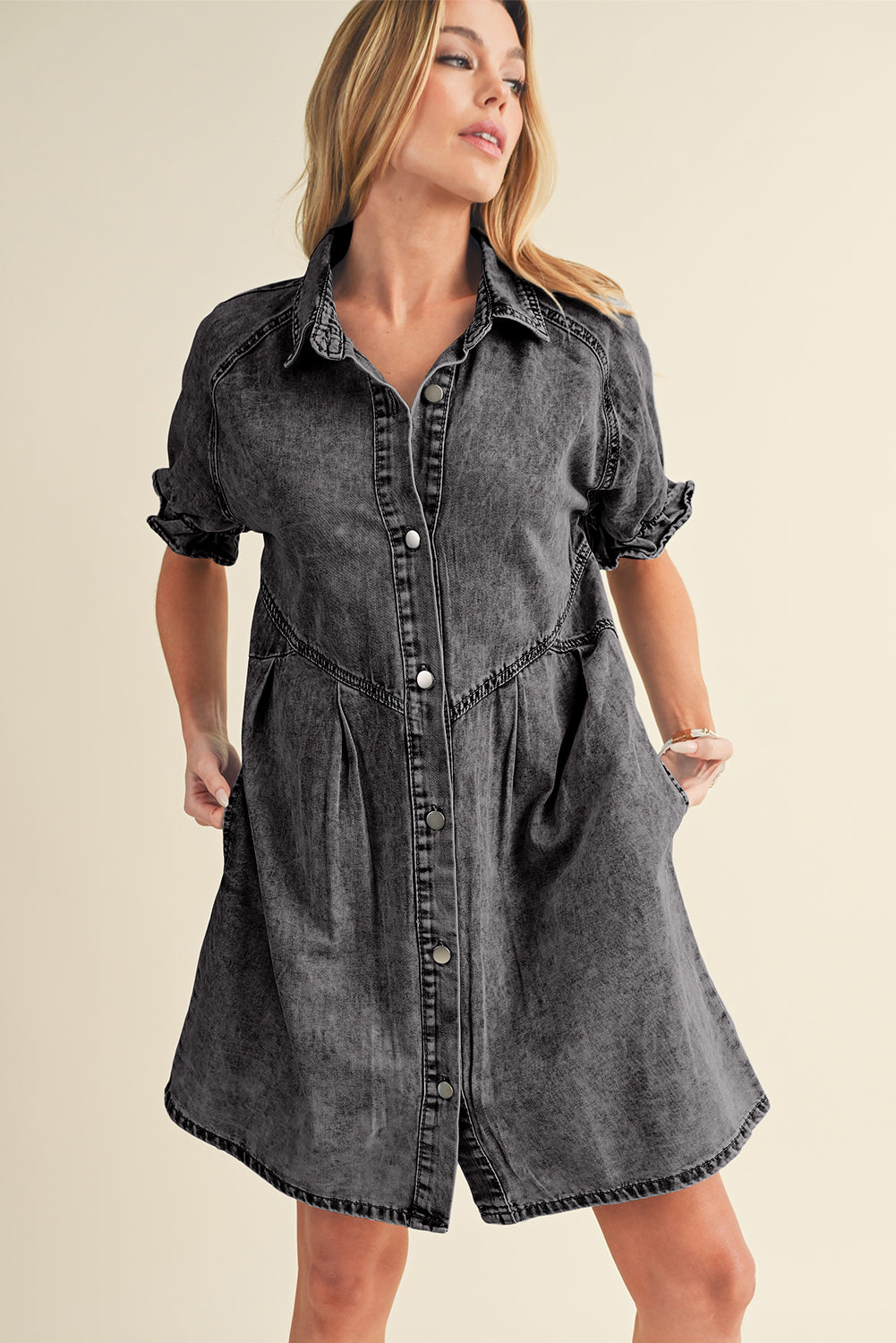 Medium Grey Mineral Washed Ruffled Short Sleeve Pocketed Denim Dress