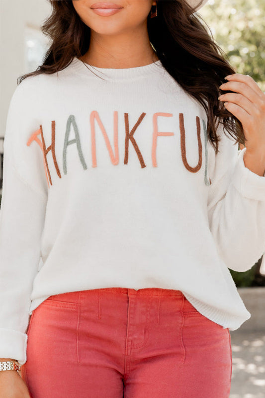 White Thankful Letter Pattern Plus Size Sweater