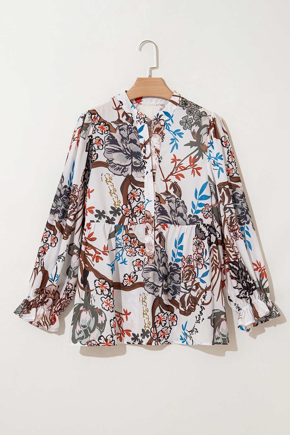 Boho Print Lantern Sleeve V Neck Blouse