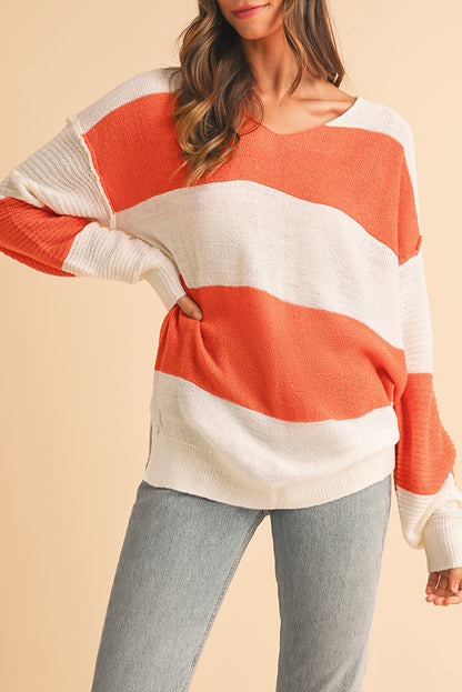 Orange Colorblock V Neck Side Slits Sweater