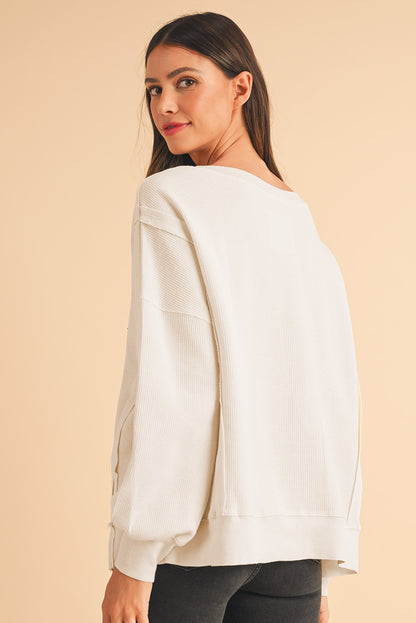 White Waffle Bishop Sleeve Split Oversized Sweatshirt