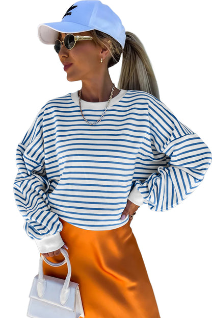 Orange Stripe Drop Shoulder Crew Neck Loose Sweatshirt