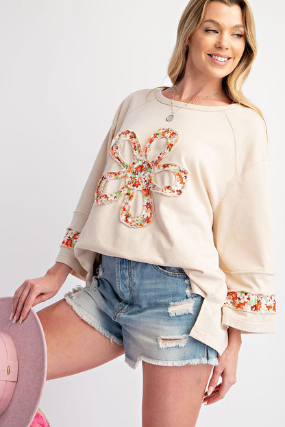 Beige Flower Patched Side Slits Plus Size Top