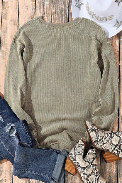 Ribbed Round Neck Drop Sleeve Pullover Sweatshirt