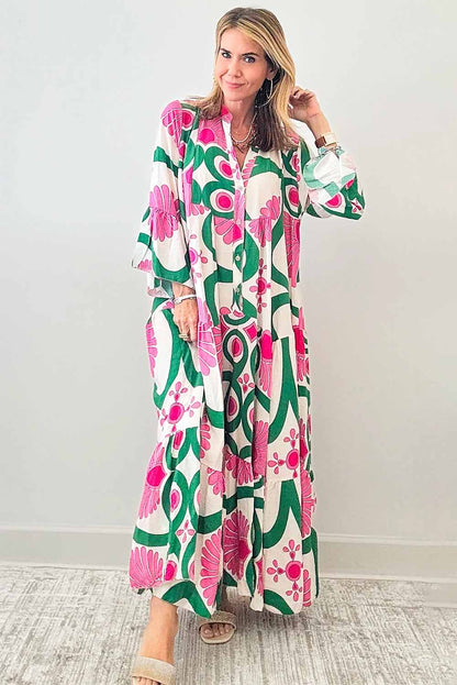 Boho Abstract Button V Neck Oversized Maxi Dress