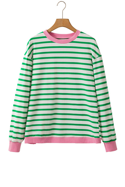 Bright Green Striped Contrast Trim Long Sleeve Top