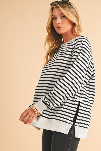 Black Stripe Raglan Sleeve Loose Split Sweatshirt