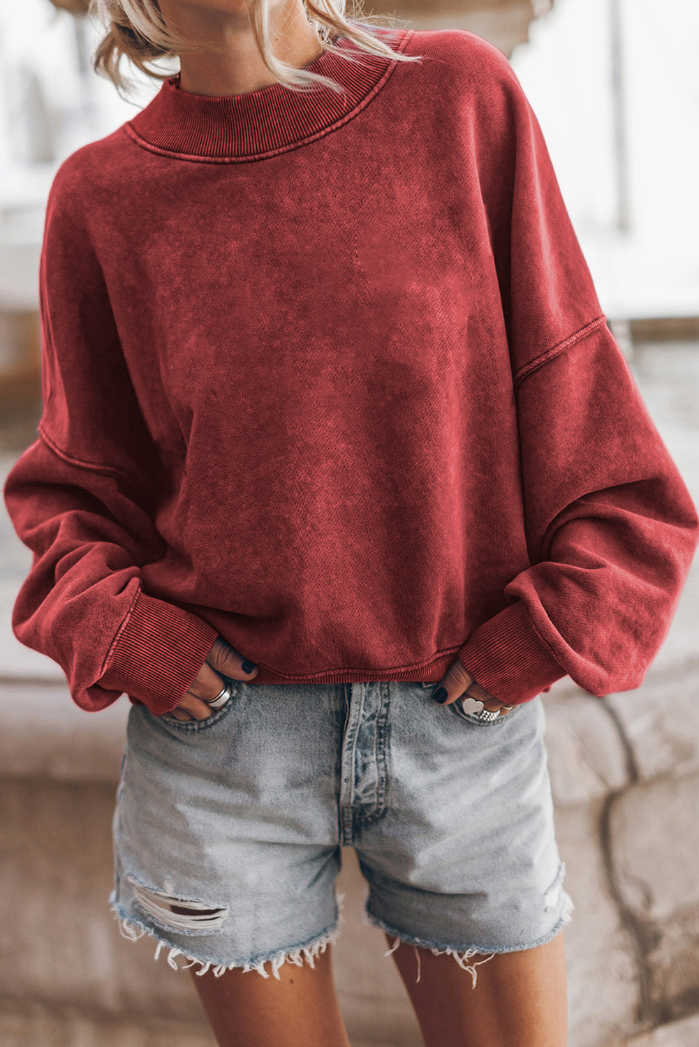 Washed Drop Shoulder Crewneck Pullover Sweatshirt