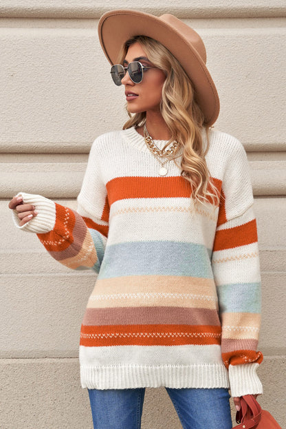 White Striped Color Block Drop Shoulder Knit Sweater