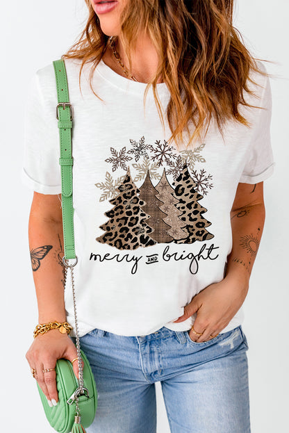 Leopard Christmas Tree Casual Crew Neck Graphic Tee