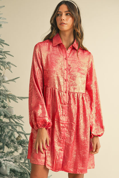 Metallic Sheen Puff Sleeve Button Up Mini Shirt Dress