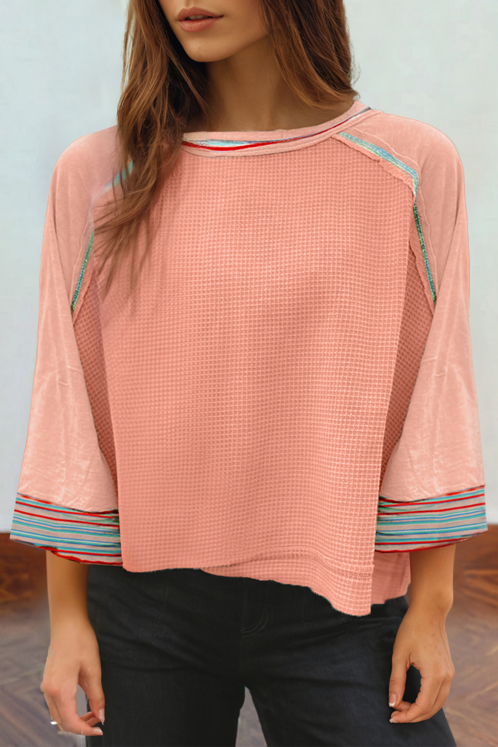 Patchwork Long Sleeve Waffle Top