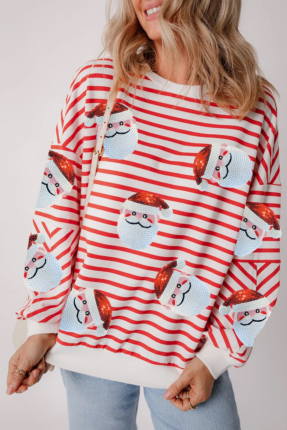 Stripe Santa Claus Sequins Loose Fitting Sweatshirt