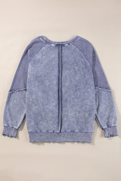 Orchid Petal Waffle Patchwork Raglan Sleeve Exposed Seam Sweatshirt