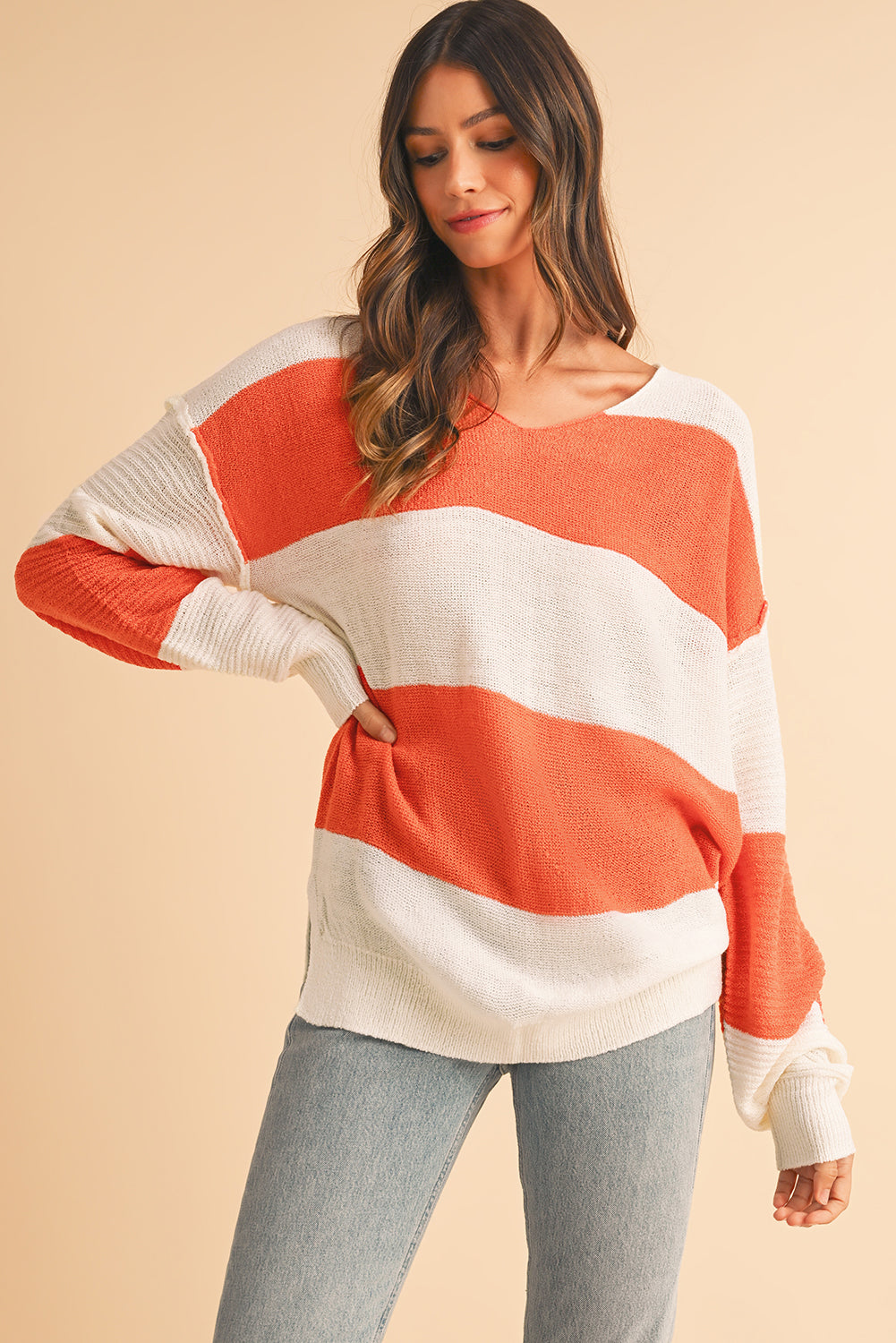 Orange Colorblock V Neck Side Slits Sweater