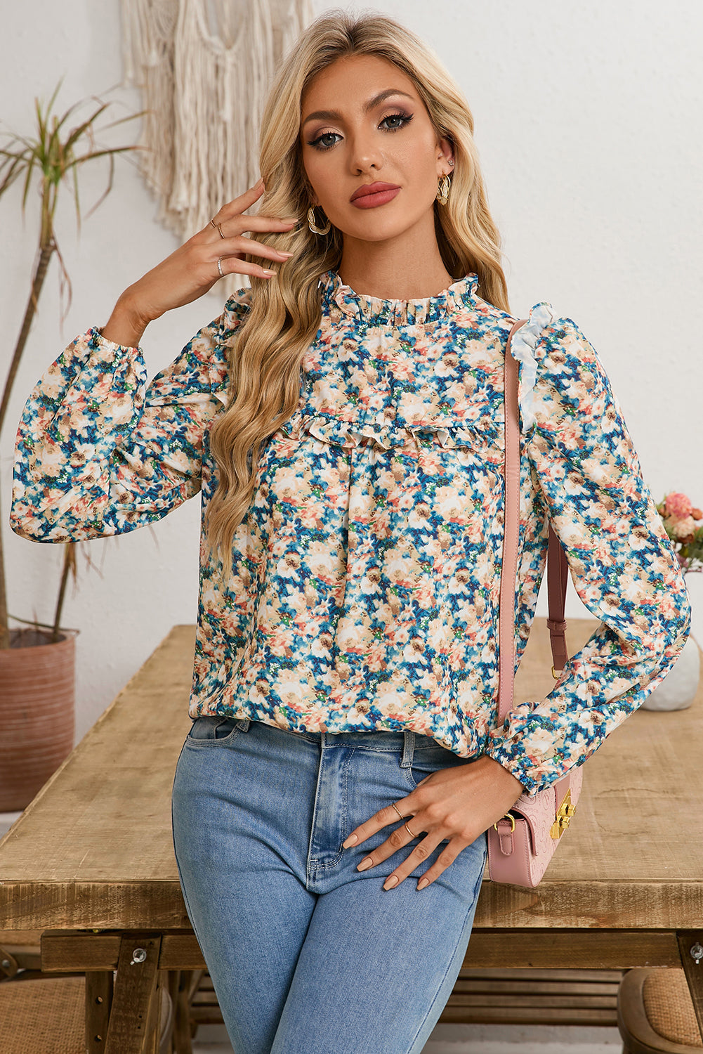 Sky Blue Floral Print Frill Neck Puff Sleeve Blouse