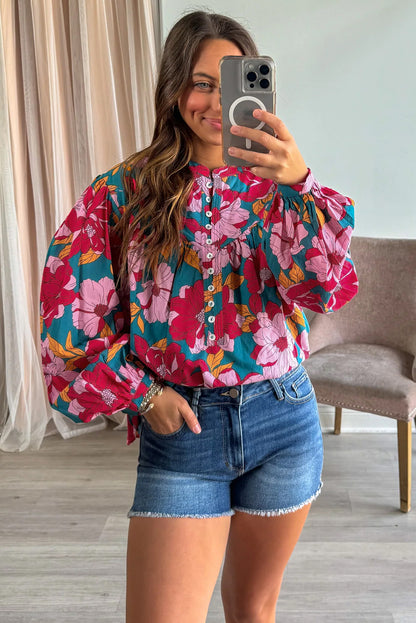 Floral Print Balloon Sleeve Half Buttons Blouse