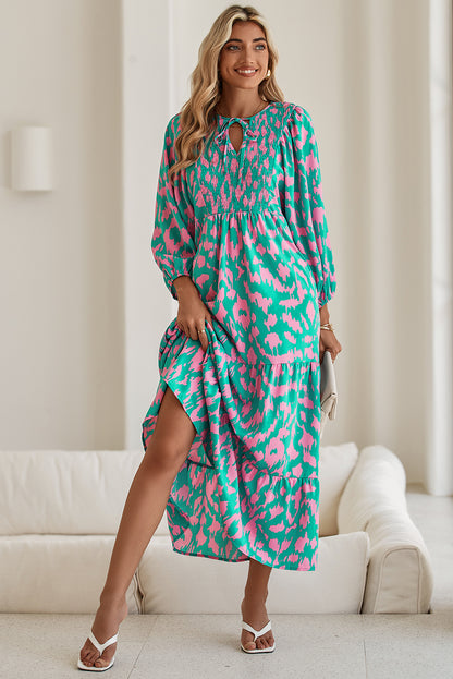 Abstract Print Puff Sleeve Smocked V Neck Maxi Dress