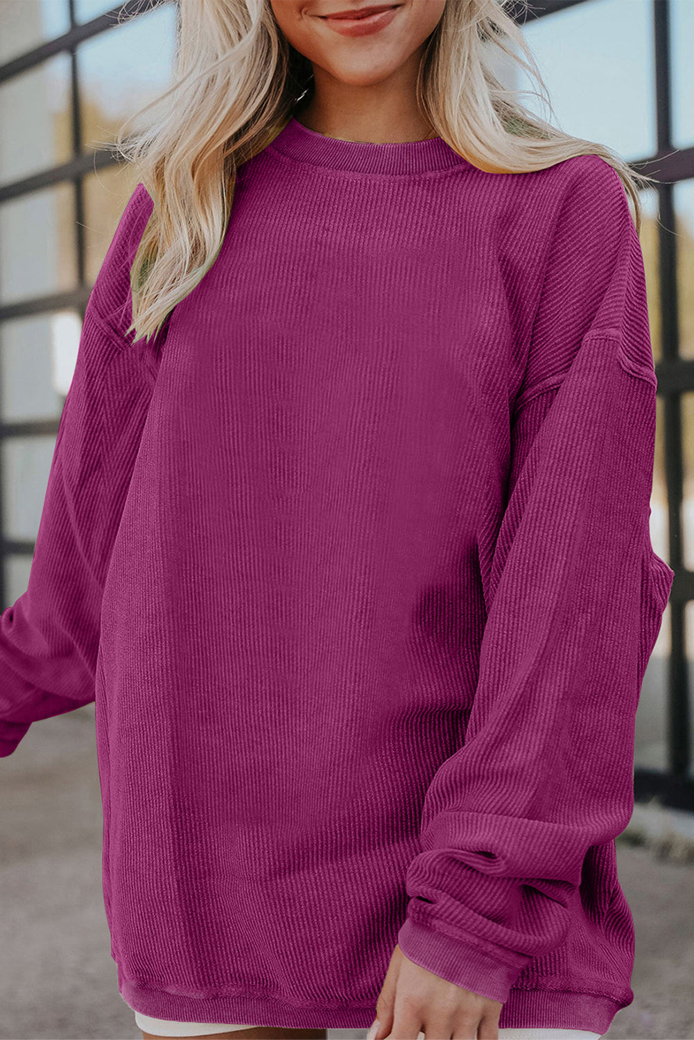 Plain Drop Sleeve Crinkle Rib Oversized Sweatshirt