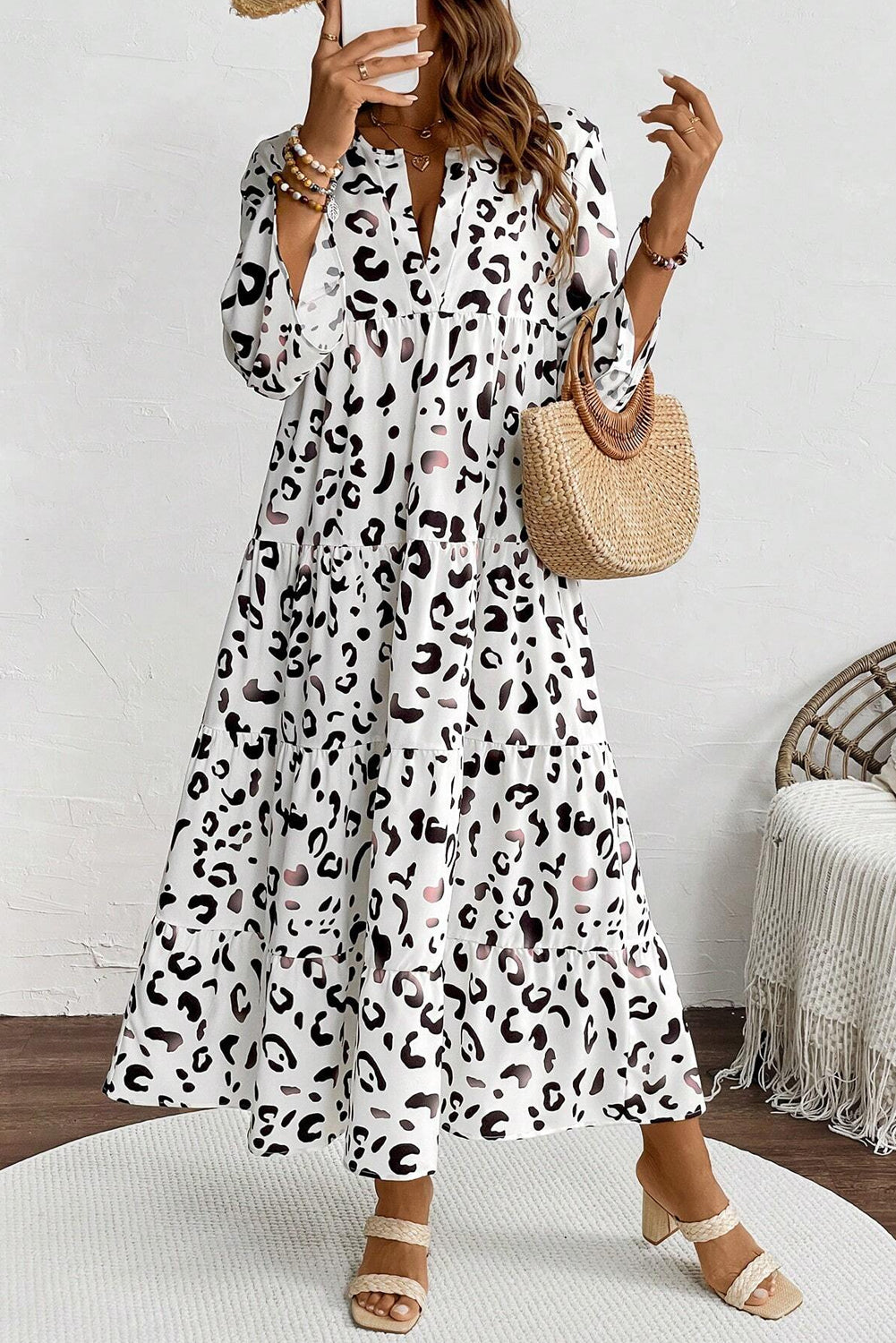 Leopard Print Notch V Neck Loose Fit Maxi Dress