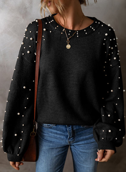 Smoke Gray Pearl Drop Shoulder Round Neck Sweater