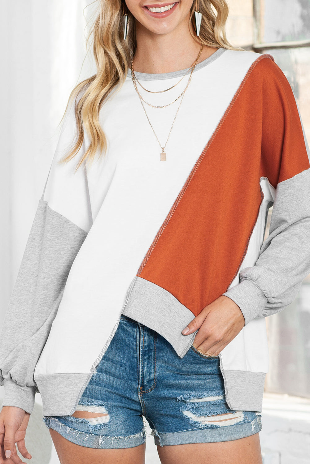 Khaki Colorblock Stitching Irregular Hem Long Sleeve Top