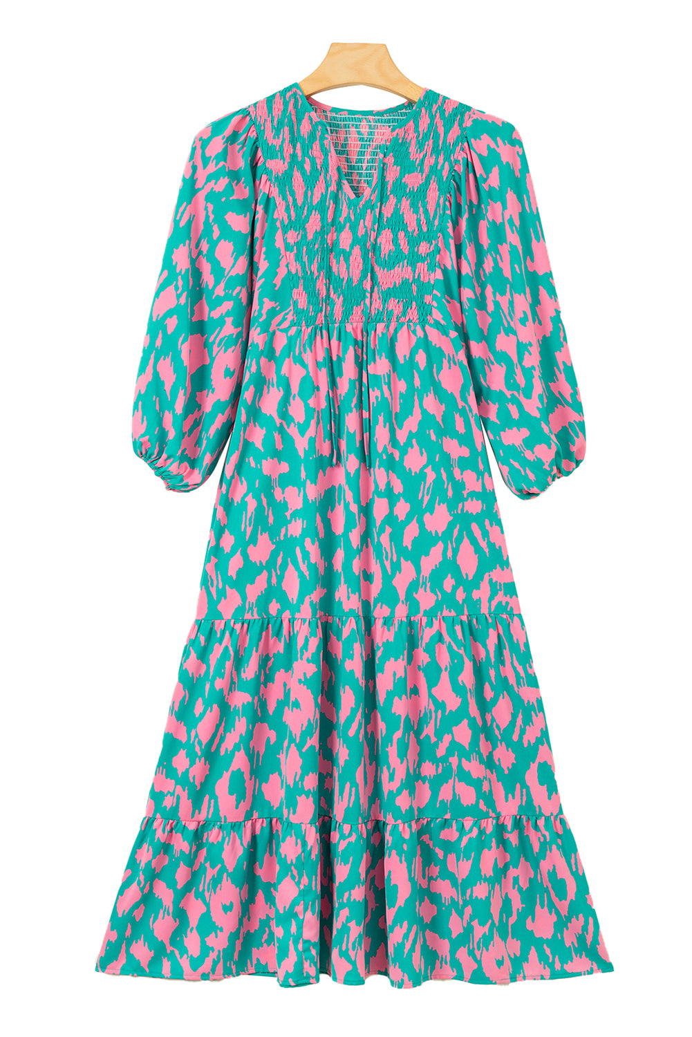 Abstract Print Puff Sleeve Smocked V Neck Maxi Dress