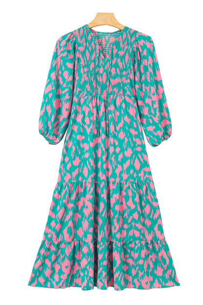 Abstract Print Puff Sleeve Smocked V Neck Maxi Dress