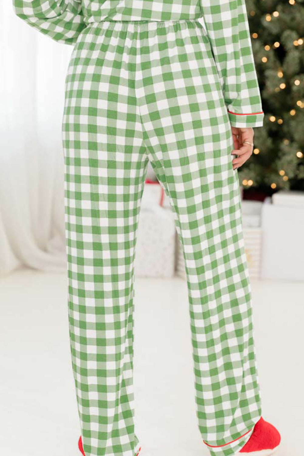 Fiery Red Plaid Print Shirt and Drawstring Pants Pajama Set