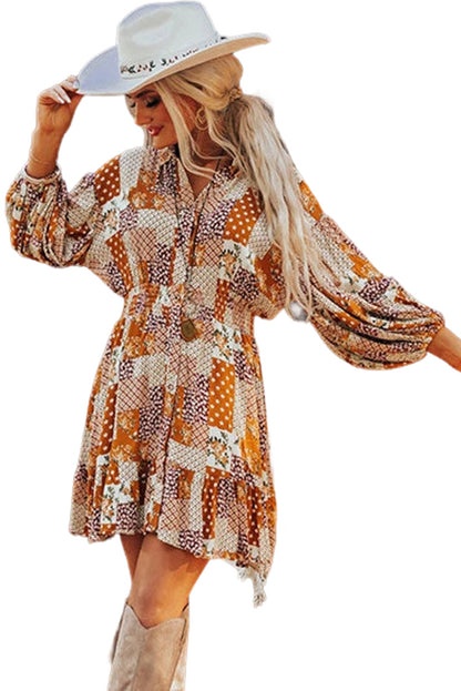 Boho Floral Puff Sleeve Smocked Waist Mini Shirt Dress