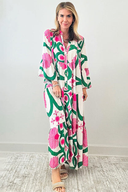 Boho Abstract Button V Neck Oversized Maxi Dress