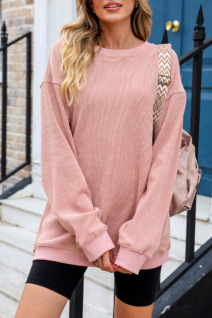 Ribbed Round Neck Drop Sleeve Pullover Sweatshirt