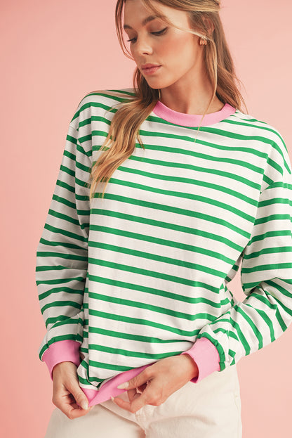 Bright Green Striped Contrast Trim Long Sleeve Top