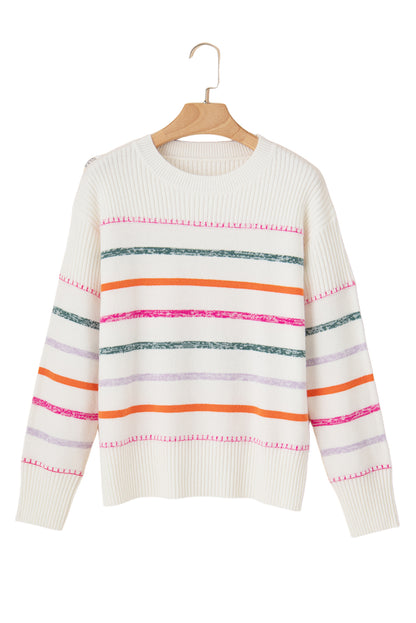 White Colorful Striped Ribbed Trim Round Neck Sweater