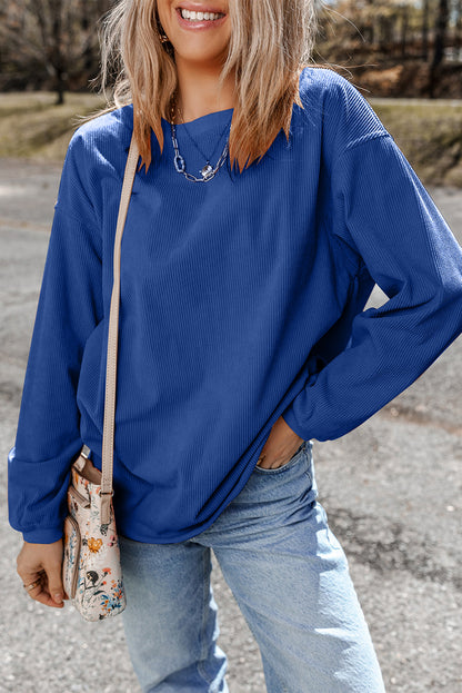 Plain Drop Sleeve Crinkle Rib Oversized Sweatshirt