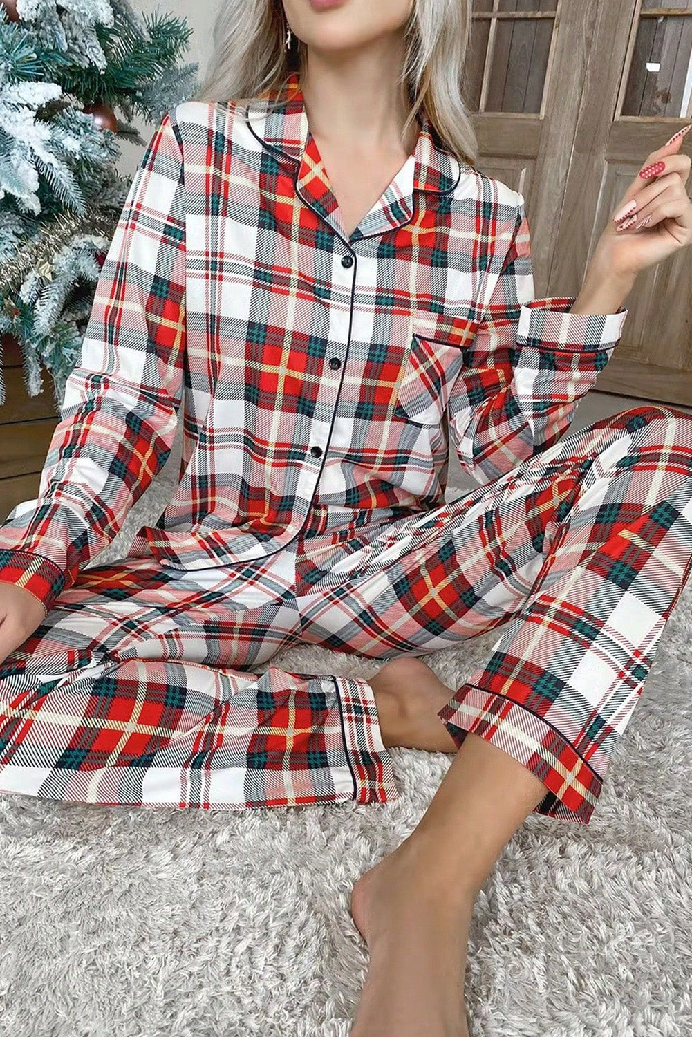 Red Christmas Plaid Long Sleeve Shirt and Pants Pajama Set