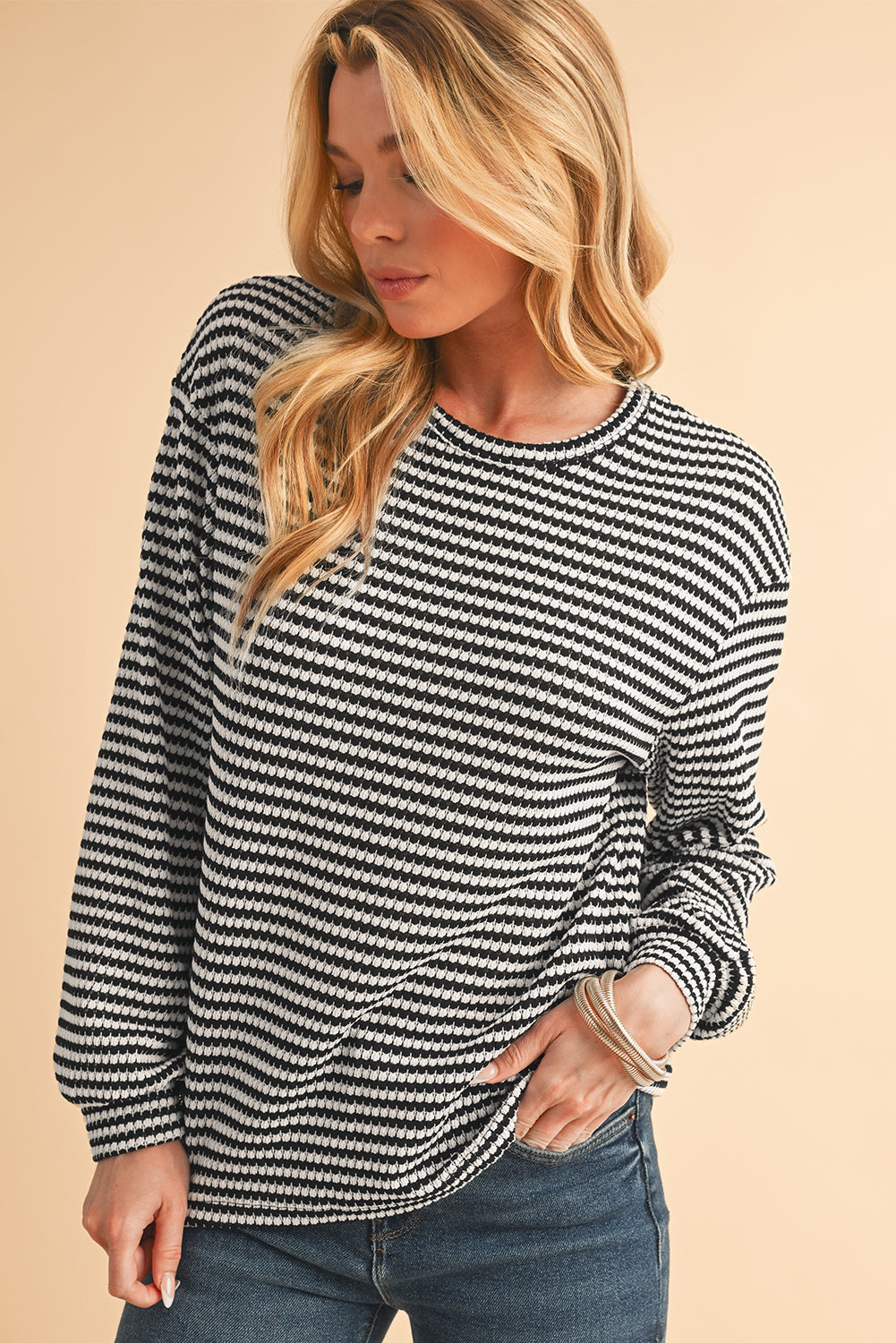 Khaki Stripe Round Neck Drop Shoulder Long Sleeve Top