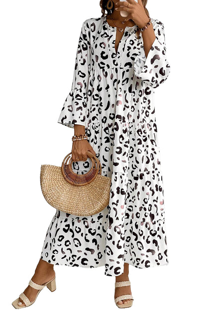 Leopard Print Notch V Neck Loose Fit Maxi Dress