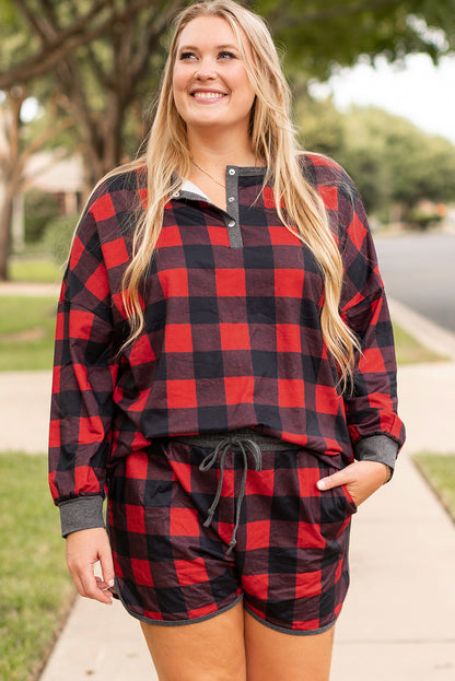 Red Christmas Buffalo Print Henley Top and Shorts Plus Size Matching Set