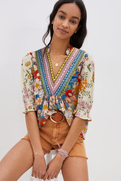 Multicolour V Neck Half Sleeve Boho Floral Blouse