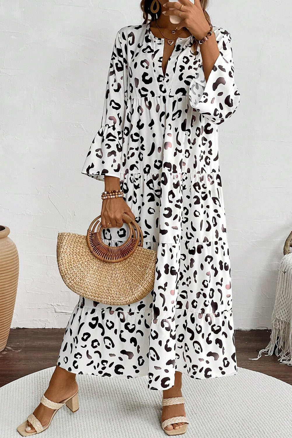 Leopard Print Notch V Neck Loose Fit Maxi Dress