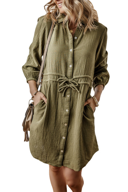 Jungle Green Textured Bracelet Sleeve Button Up Mini Dress