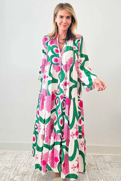 Boho Abstract Button V Neck Oversized Maxi Dress