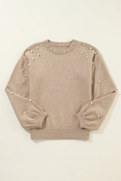 Smoke Gray Pearl Drop Shoulder Round Neck Sweater