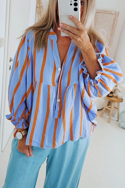 Sky Blue Stripe Crinkle Ruffle Sleeve Loose Blouse