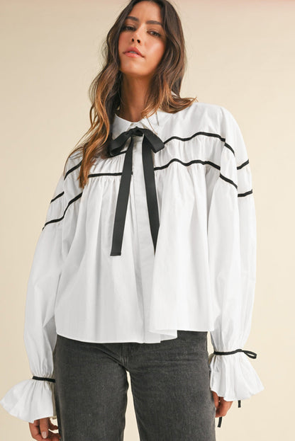 White Sweet Bowknot Button-up Long Sleeve Blouse