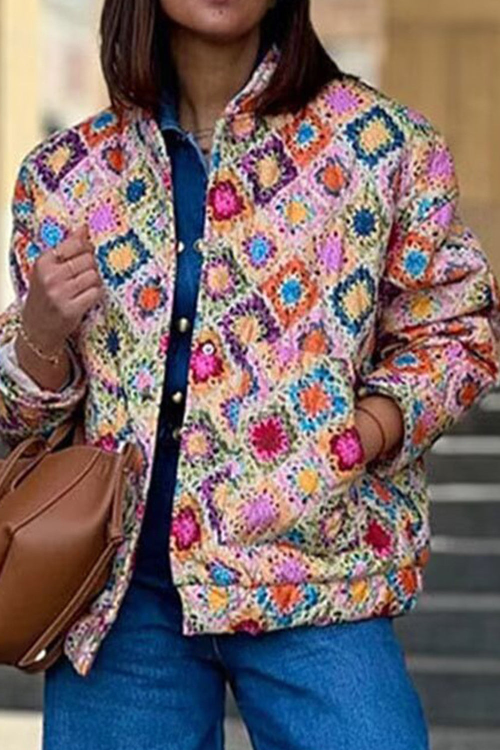 Multicolour Checkered Floral Print Snap Buttons Coat