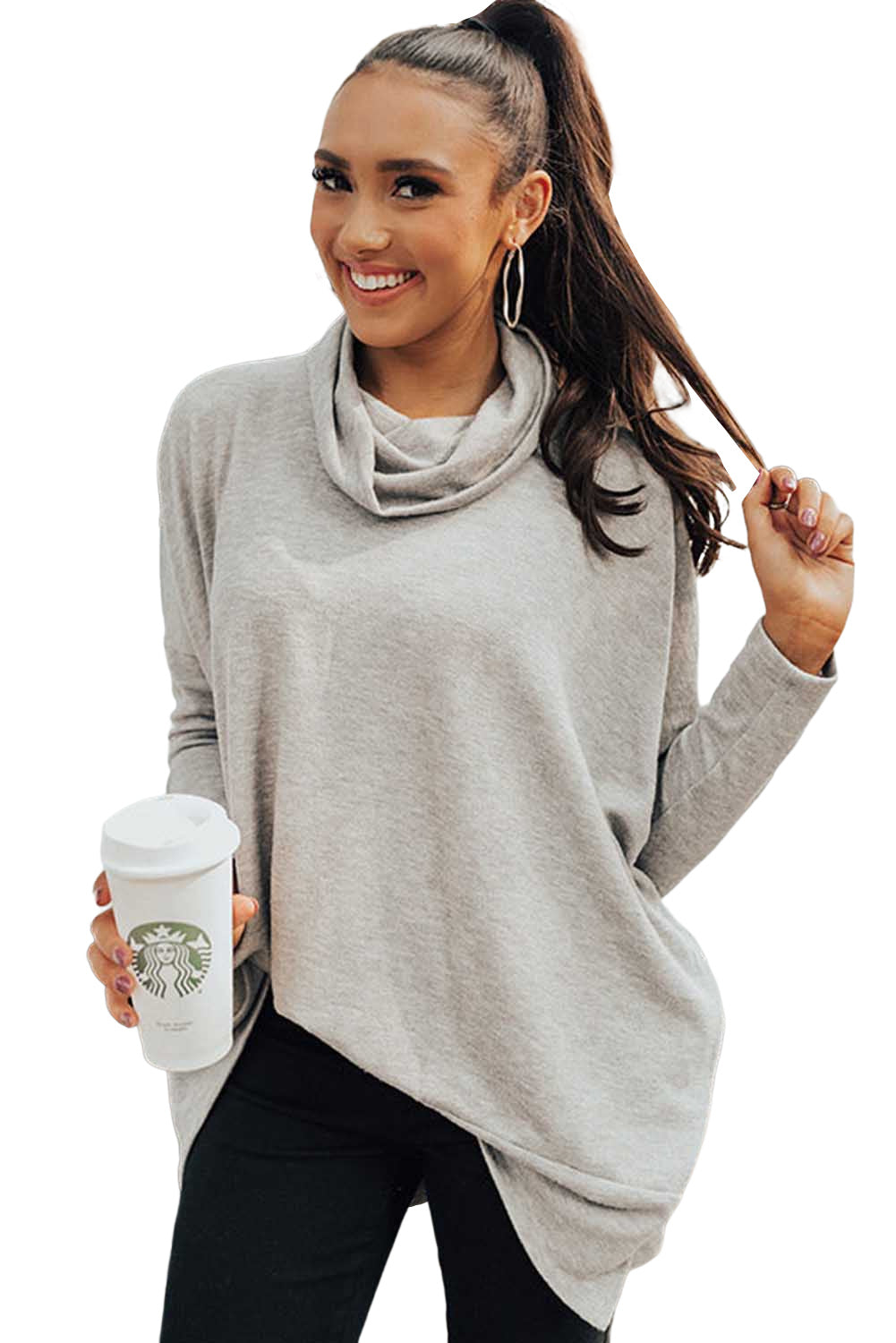 Gray Cowl Neck Loose Fit Tunic Top